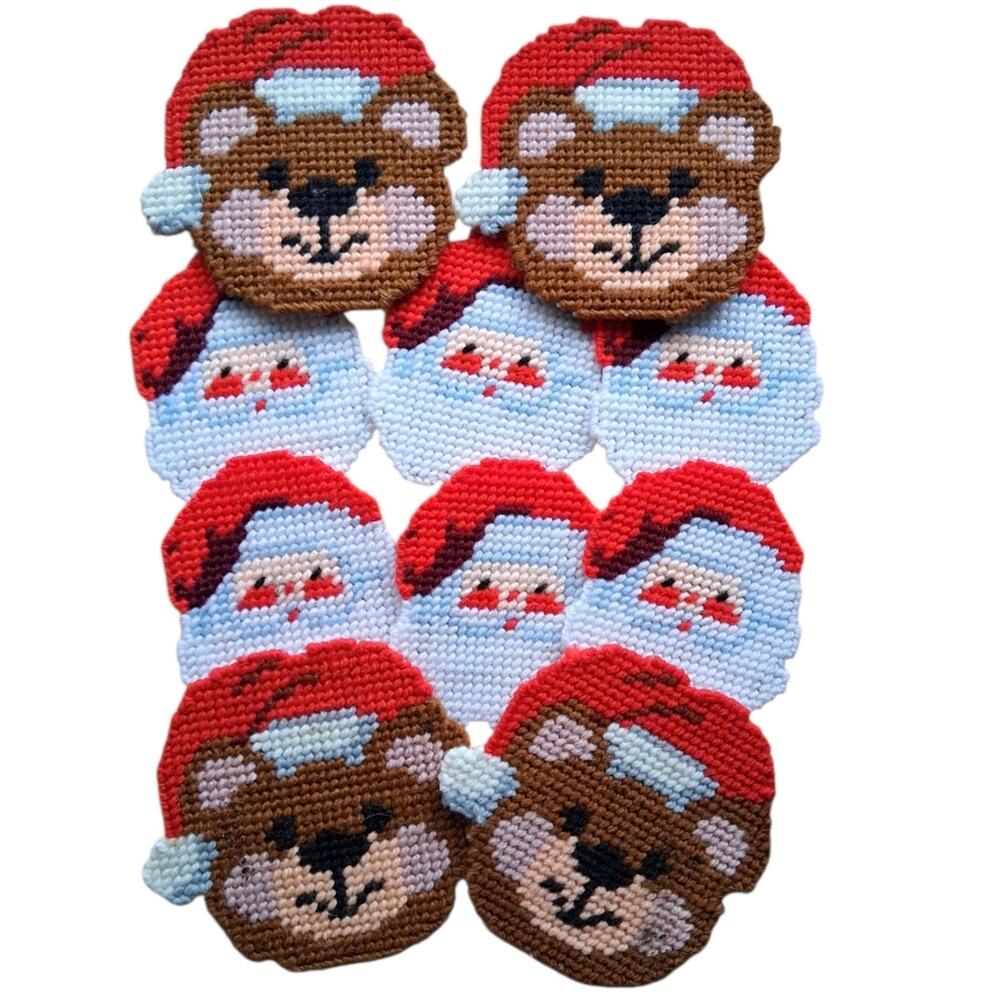 Vintage Christmas Santa & Bear Cross Stitch Coasters - Picture 1 of 4